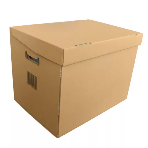 Archiváló konténer karton doboz fedeles 42x31x32cm, felfelé nyíló tetővel (kívül záródó) Bluering® barna – Tonerklinika Debrecen