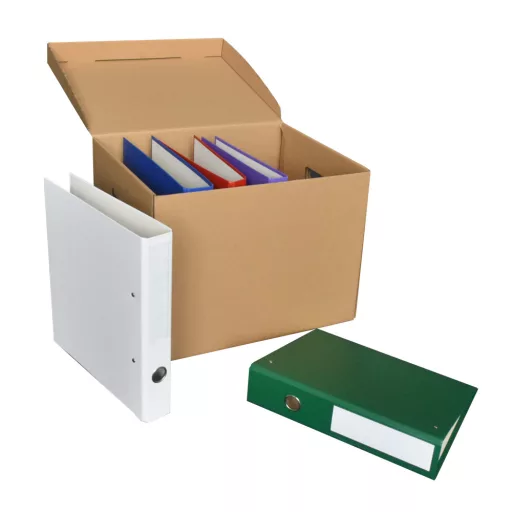 Archiváló konténer karton doboz fedeles 42x31x32cm, felfelé nyíló tetővel (kívül záródó) Bluering® barna – Tonerklinika Debrecen