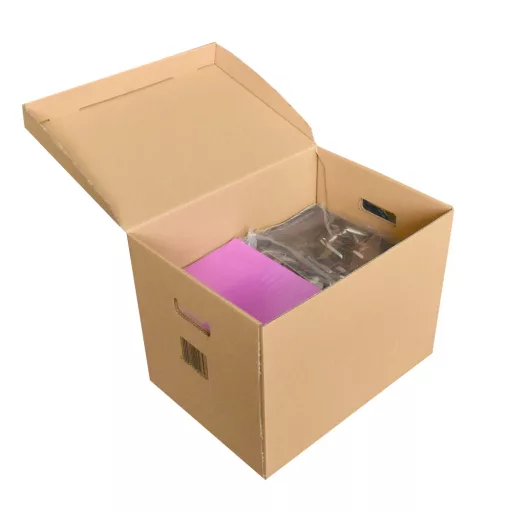 Archiváló konténer karton doboz fedeles 42x31x32cm, felfelé nyíló tetővel (kívül záródó) Bluering® barna – Tonerklinika Debrecen