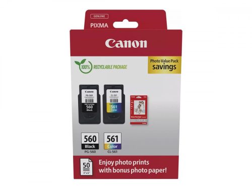 Canon PG-560 (1x7,5 ml) + CL-561 (1x8,3 ml) + 50 lap GP501 10x15 fényes fotópapír Multipack