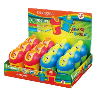 Hegyező 2 lyukú tartályos, fedeles, ceruzahegy gömbölyítő 12 db/display Keyroad Colour Special vegyes színek – Tonerklinika Debrecen