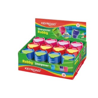 Hegyező 2 lyukú tartályos, fedeles, fém belsővel 12 db/display Keyroad Robby vegyes színek – Tonerklinika Debrecen