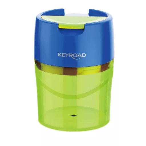 Hegyező 2 lyukú tartályos, fedeles, fém belsővel 12 db/display Keyroad Robby vegyes színek – Tonerklinika Debrecen