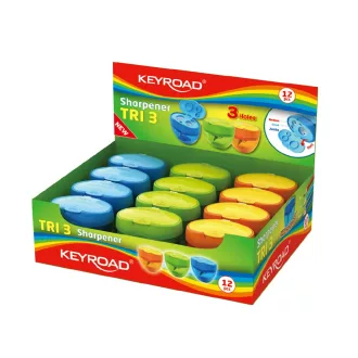 Hegyező 3 lyukú tartályos, fedeles 12 db/display Keyroad Tris vegyes színek – Tonerklinika Debrecen