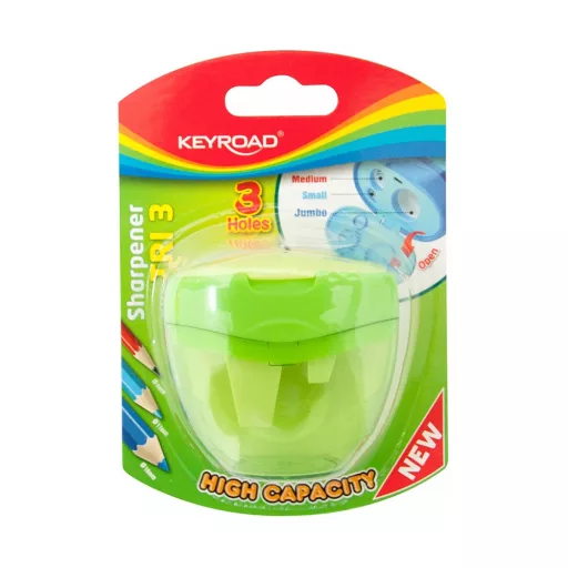 Hegyező 3 lyukú tartályos, fedeles Keyroad Tris vegyes színek – Tonerklinika Debrecen