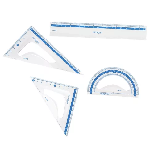 Vonalzókészlet, 20 cm, vonalzó, szögmérő, 45° és 60° háromszög vonalzók 4 db/bliszter Keyroad – Tonerklinika Debrecen