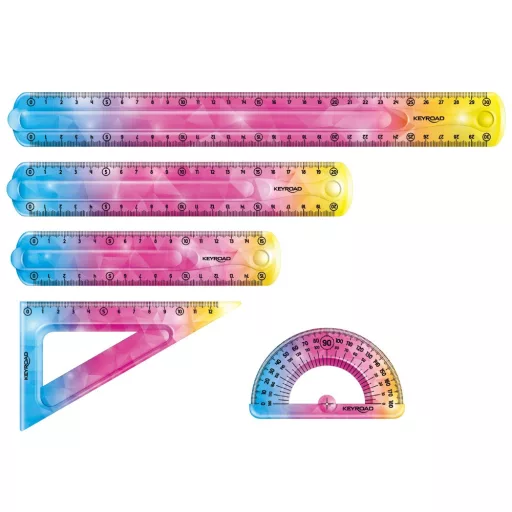 Vonalzókészlet, 20 cm, flexibilis vonalzó, szögmérő, derékszög vonalzó, 3 db/bliszter Keyroad Flex Draw vegyes színek – Tonerklinika Debrecen