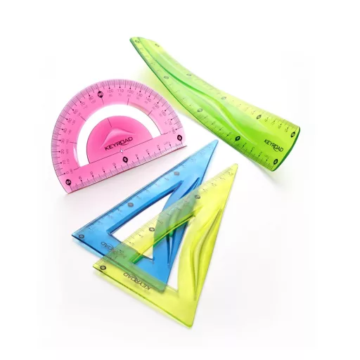 Vonalzókészlet, 20 cm, flexibilis vonalzó, szögmérő, derékszög vonalzó, 3 db/bliszter Keyroad vegyes színek – Tonerklinika Debrecen