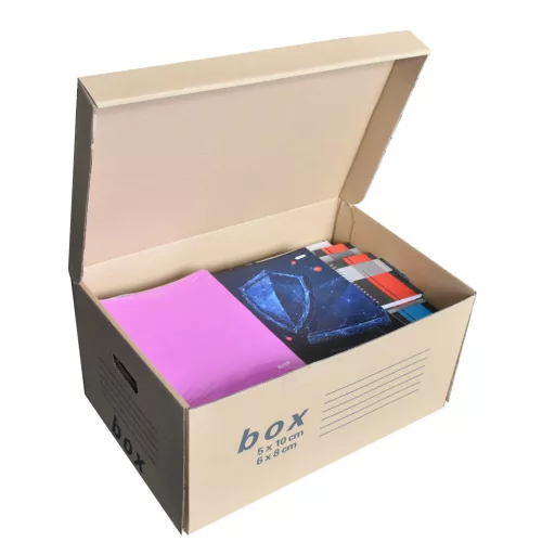 Archiváló konténer karton doboz fedeles 54x36x25cm, felfelé nyíló tetővel Fornax – Tonerklinika Debrecen