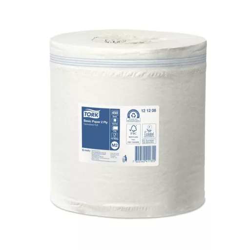 Kéztörlő 2 rétegű tekercses átmérő: 16,2 cm 121,5 m/tekercs 6 tekercs/karton M2 Universal Tork_121208 fehér