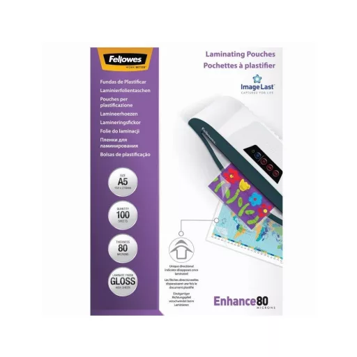 Lamináló fólia, A5, 80 mikron, fényes, 100 db/doboz, Fellowes® – Tonerklinika Debrecen