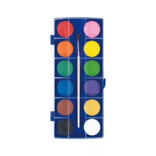 Vízfesték készlet, 28 mm x 12 szín, ecsettel, műanyag dobozban, Keyroad – Tonerklinika Debrecen