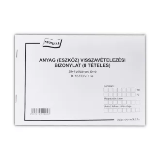 Készlet visszavételezési bizonylat 8 tételes 25x4 lapos tömb A/5 fekvő B.12-123/V Bluering – Tonerklinika Debrecen