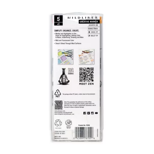 Szövegkiemelő készlet, 1,4/4 mm, kétvégű, Zebra Mildliner Highlighter Gentle, 5 különböző szín