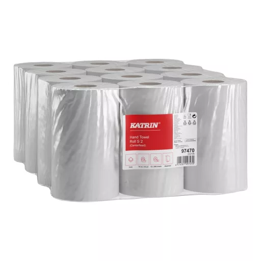 Kéztörlő 2 rétegű belsőmagos tekercses átmérő: 14 cm 300 lap/75 m/tekercs 12 tekercs/csomag S Katrin_97470 fehér