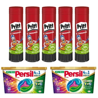  Ragasztóstift 43 g AKCIÓS CSOMAG + 2 db Persil Discs Color mosókapszula 100x43 g (10x10 db ) stift Pritt