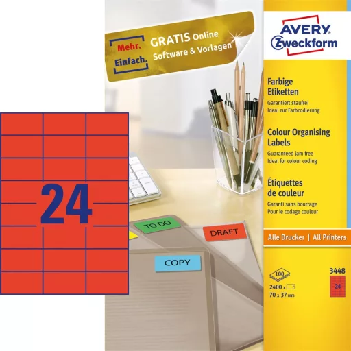Etikett címke, 70 x37mm, univerzális, 24 címke/ív, 100 ív/doboz, Avery piros – Tonerklinika Debrecen