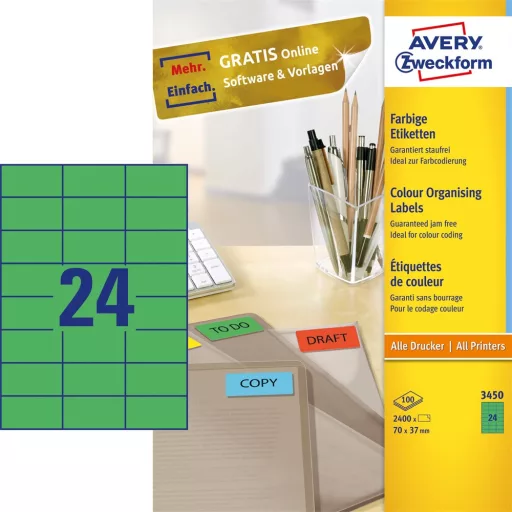 Etikett címke, 70 x37mm, univerzális, 24 címke/ív, 100 ív/doboz, Avery zöld – Tonerklinika Debrecen