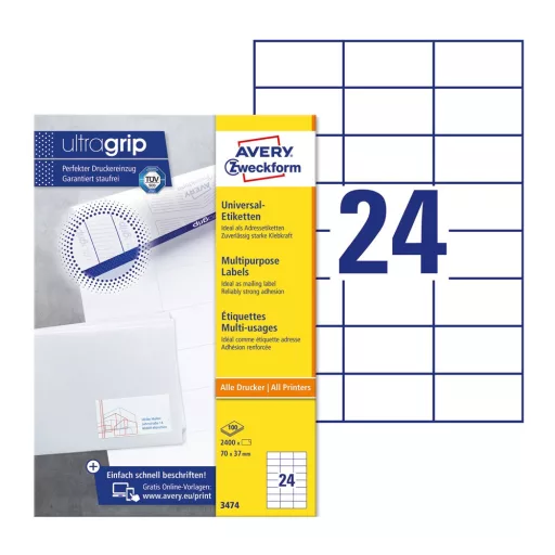 Etikett címke, 70 x37mm, univerzális, 24 címke/ív, 100 ív/doboz, Avery fehér – Tonerklinika Debrecen