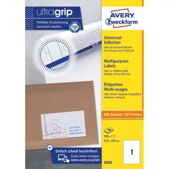 Etikett címke, 210 x297mm, univerzális, 1 címke/ív, 100 ív/doboz, Avery fehér – Tonerklinika Debrecen