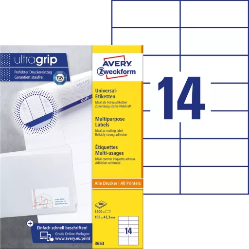 Etikett címke, 105 x42,3mm, univerzális, 14 címke/ív, 100 ív/doboz, Avery fehér – Tonerklinika Debrecen