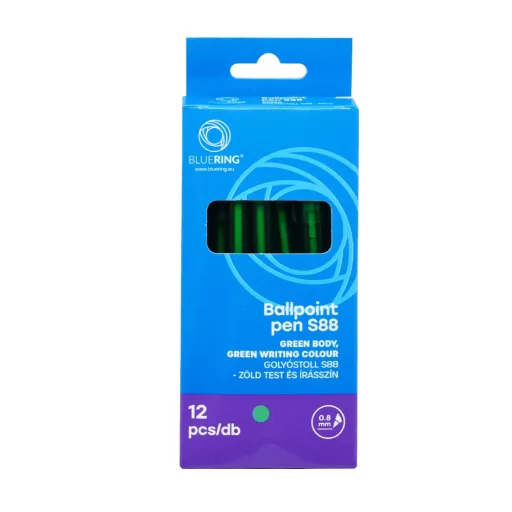 Golyóstoll 0,8mm, nyomógombos műanyag zöld test, S88, Bluering® írásszín zöld – Tonerklinika Debrecen
