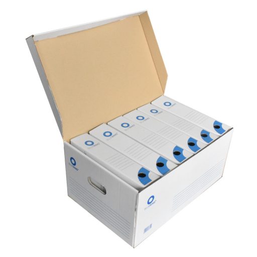 Archiváló konténer karton doboz fedeles 54x36x25cm, felfelé nyíló tetővel Bluering® fehér-kék – Tonerklinika Debrecen