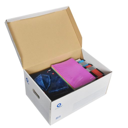 Archiváló konténer karton doboz fedeles 54x36x25cm, felfelé nyíló tetővel Bluering® fehér-kék – Tonerklinika Debrecen
