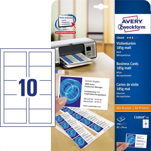 Névjegykártya, mikroperforált élekkel, kétoldalas 185g-os, 25 db, Avery matt fehér – Tonerklinika Debrecen