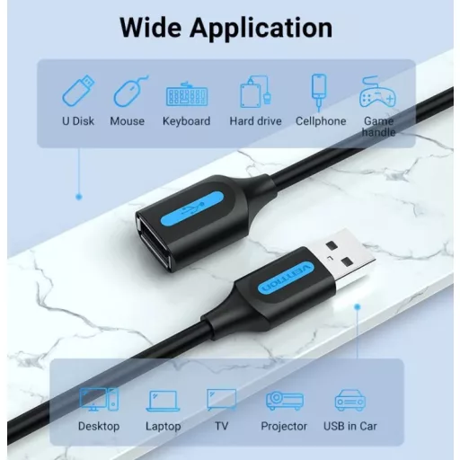 Vention USB-A 2.0/M -> USB-A 2.0/F, (hosszabbító, PVC fekete), 1m,  kábel