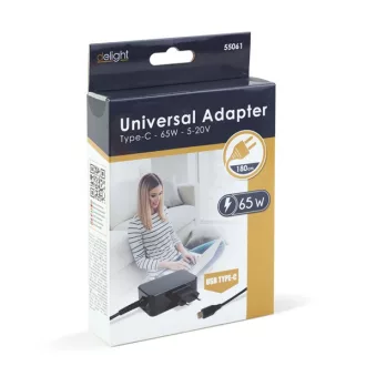   Delight Type-C (USB-C) adapter 65W (55061), DC 5-20V, 1,8 m - fekete