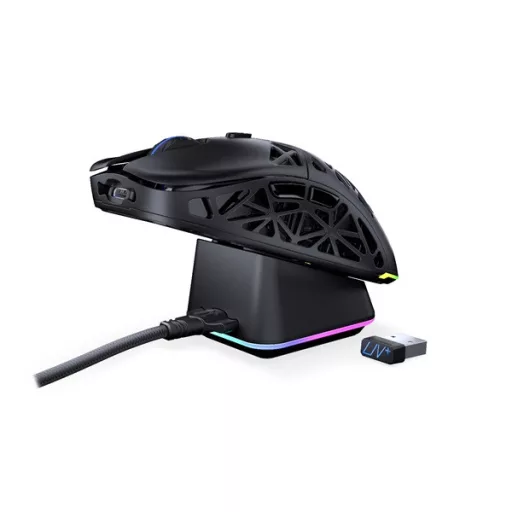 Endorfy Wireless Egér - LIV Plus (Honeycomb, 26 000 DPI, ARGB, PixArt PAW3395, optikai, fekete) + dokkoló