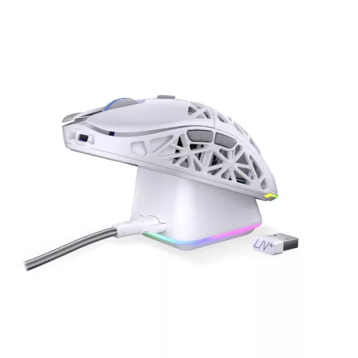 Endorfy Wireless Egér - LIV Plus Onyx White (Honeycomb, 26 000 DPI, ARGB, PixArt PAW3395, optikai, fehér) + dokkoló