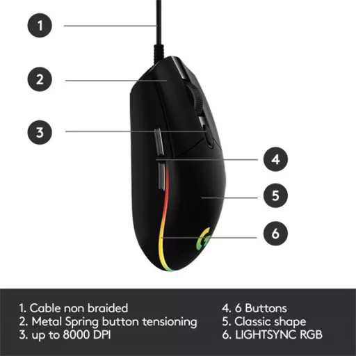 Logitech Egér - G203 Lightsync (Vezetékes, Gaming, Optikai, USB, 8000 DPI, fekete)