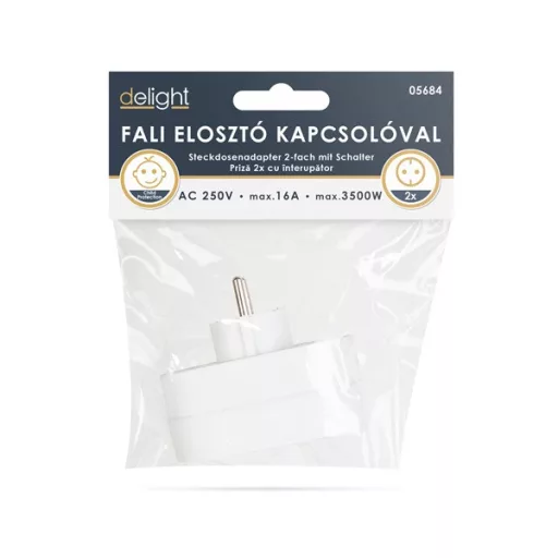 Delight 2-as fali elosztó, kapcsolóval, földelt, gyerekvédelemmel