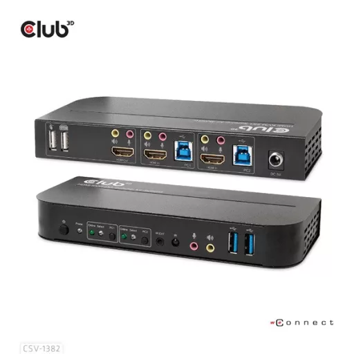 Club 3D KVM Switch - CSV-1382 (Dual HDMI, 4K60Hz, USB, PC KVM funkció, HDR, 3D támogatás)