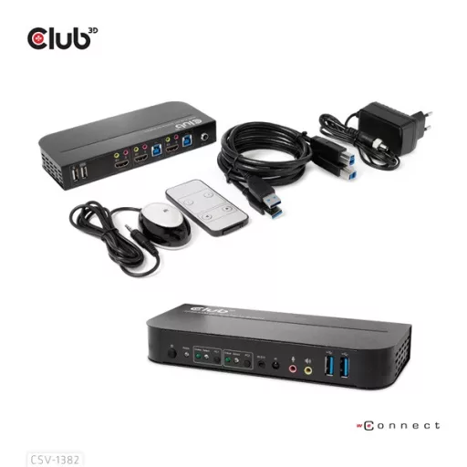 Club 3D KVM Switch - CSV-1382 (Dual HDMI, 4K60Hz, USB, PC KVM funkció, HDR, 3D támogatás)