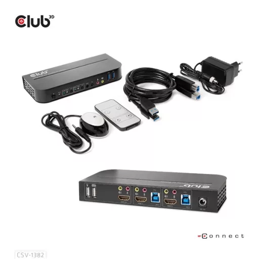 Club 3D KVM Switch - CSV-1382 (Dual HDMI, 4K60Hz, USB, PC KVM funkció, HDR, 3D támogatás)
