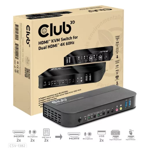 Club 3D KVM Switch - CSV-1382 (Dual HDMI, 4K60Hz, USB, PC KVM funkció, HDR, 3D támogatás)