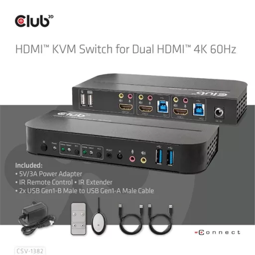 Club 3D KVM Switch - CSV-1382 (Dual HDMI, 4K60Hz, USB, PC KVM funkció, HDR, 3D támogatás)
