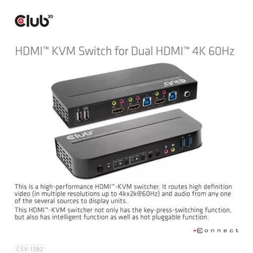 Club 3D KVM Switch - CSV-1382 (Dual HDMI, 4K60Hz, USB, PC KVM funkció, HDR, 3D támogatás)