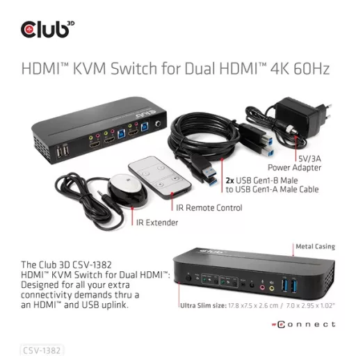 Club 3D KVM Switch - CSV-1382 (Dual HDMI, 4K60Hz, USB, PC KVM funkció, HDR, 3D támogatás)