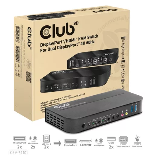 Club 3D KVM Switch - CSV-7210 (Dual DisplayPort, 4K60Hz, HDMI, KVM, IR távirányító)