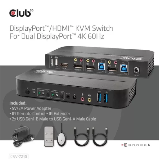 Club 3D KVM Switch - CSV-7210 (Dual DisplayPort, 4K60Hz, HDMI, KVM, IR távirányító)