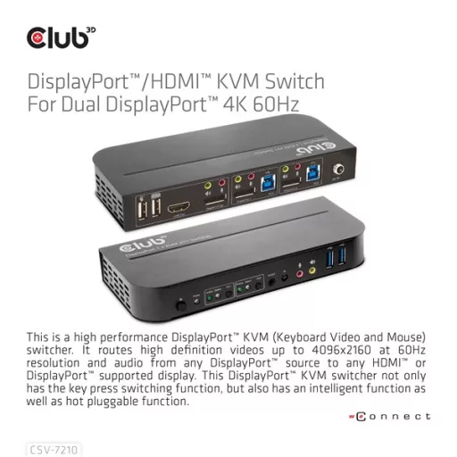 Club 3D KVM Switch - CSV-7210 (Dual DisplayPort, 4K60Hz, HDMI, KVM, IR távirányító)