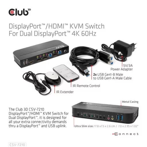 Club 3D KVM Switch - CSV-7210 (Dual DisplayPort, 4K60Hz, HDMI, KVM, IR távirányító)