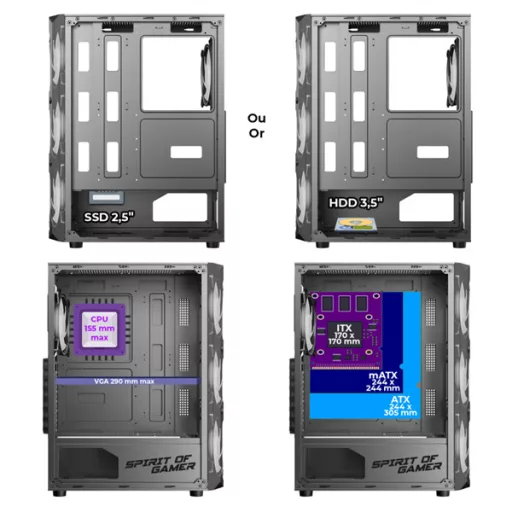 Spirit of Gamer Számítógépház - REBEL XT Black (fekete, ablakos, 4x12cm ventilátor, alsó táp,  ATX, 1xUSB3.0, 2xUSB2.0)