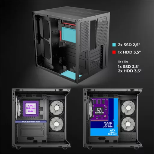 Spirit of Gamer Számítógépház - BANDIT GT (fekete, ablakos, 3x12cm ventilátor, alsó táp,  ATX, 1x USB-C, 3x USB-A)