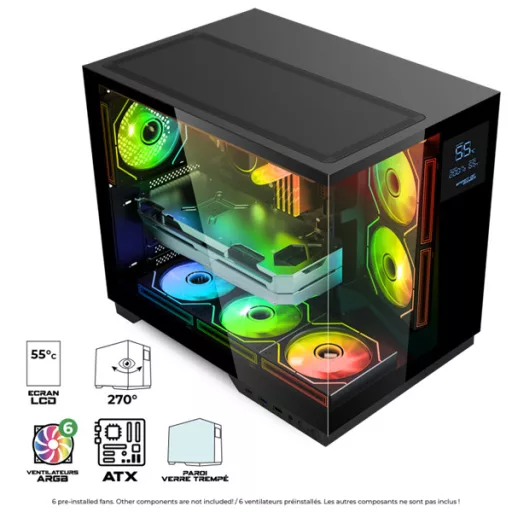 Spirit of Gamer Számítógépház - VIPER CRX Black (fekete, ablakos, 6x12cm ventilátor, alsó táp,  ATX, 1x USB-C, 2x USB-A)