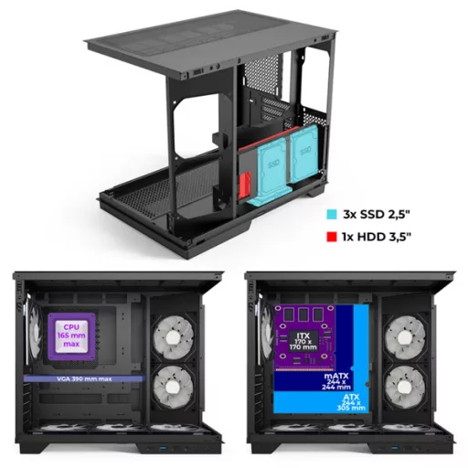 Spirit of Gamer Számítógépház - VIPER CRX Black (fekete, ablakos, 6x12cm ventilátor, alsó táp,  ATX, 1x USB-C, 2x USB-A)